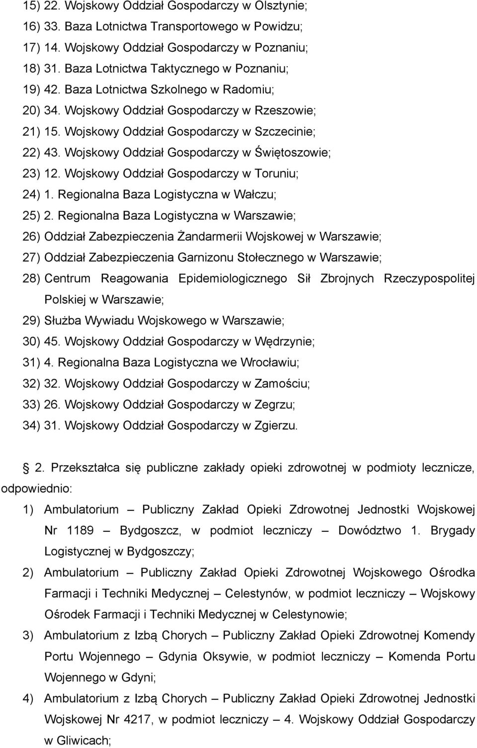 Wojskowy Oddział Gospodarczy w Świętoszowie; 23) 12. Wojskowy Oddział Gospodarczy w Toruniu; 24) 1. Regionalna Baza Logistyczna w Wałczu; 25) 2.