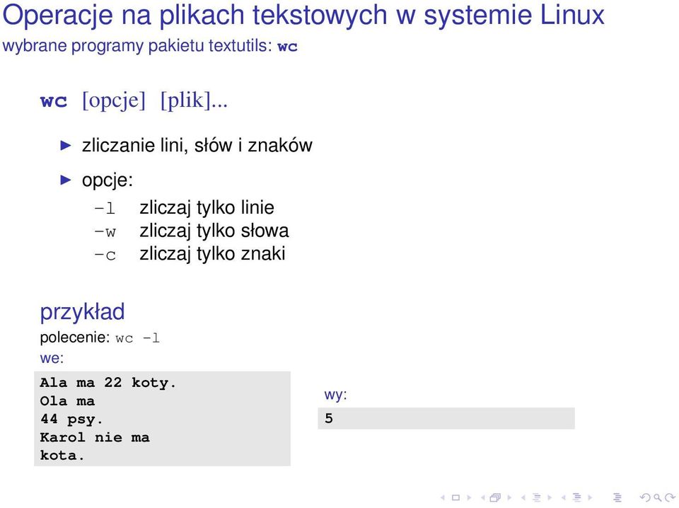 -w zliczaj tylko słowa -c zliczaj tylko znaki przykład