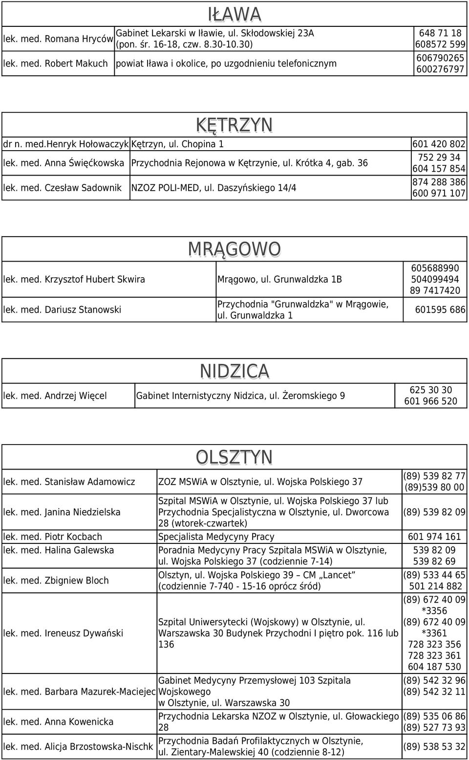 Daszyńskiego 14/4 874 288 386 600 971 107 lek. med. Krzysztof Hubert Skwira lek. med. Dariusz Stanowski MRĄGOWO Mrągowo, ul. Grunwaldzka 1B Przychodnia "Grunwaldzka" w Mrągowie, ul.