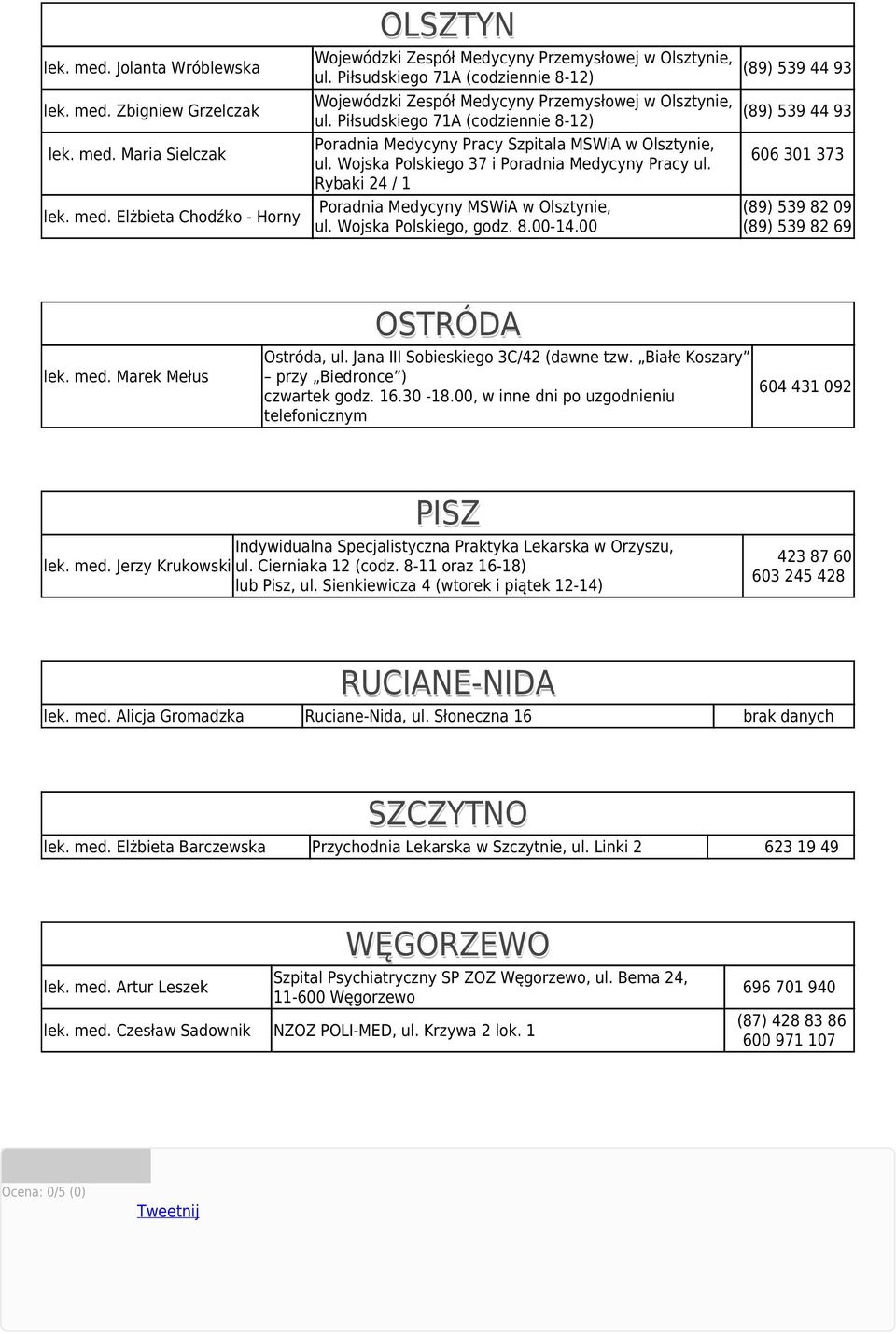 Wojska Polskiego 37 i Poradnia Medycyny Pracy ul. Rybaki 24 / 1 Poradnia Medycyny MSWiA w Olsztynie, ul. Wojska Polskiego, godz. 8.00-14.