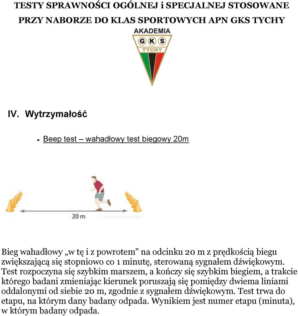 Test rozpoczyna się szybkim marszem, a kończy się szybkim biegiem, a trakcie którego badani zmieniając kierunek poruszają się