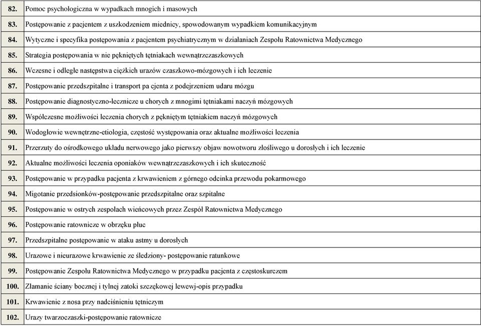 Wczesne i odległe następstwa ciężkich urazów czaszkowo-mózgowych i ich leczenie 87. Postępowanie przedszpitalne i transport pa cjenta z podejrzeniem udaru mózgu 88.