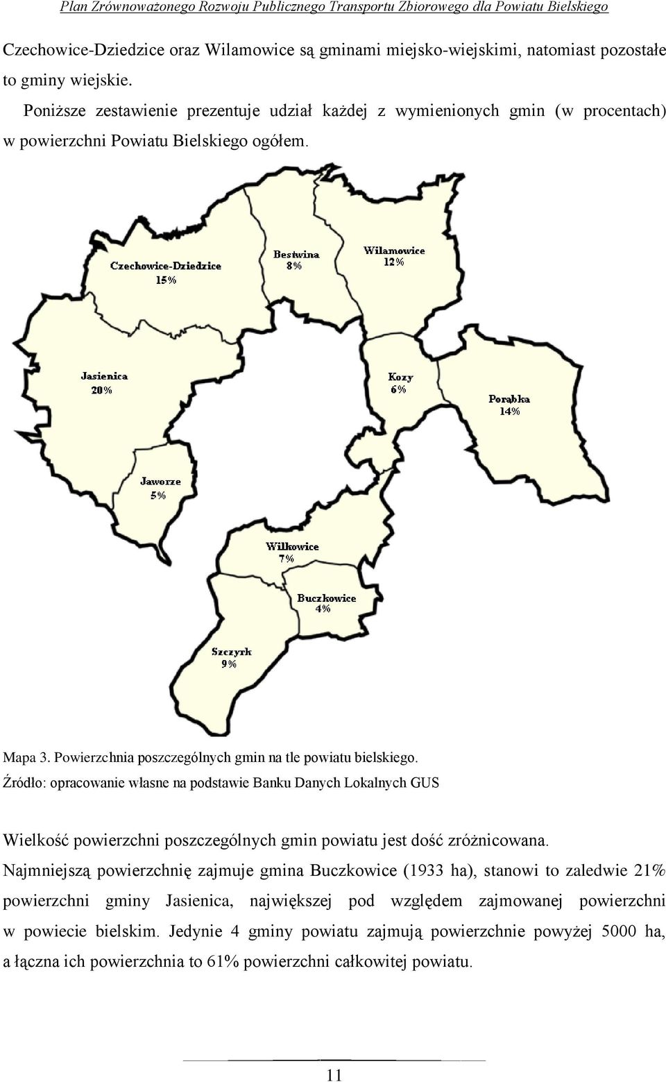 Powierzchnia poszczególnych gmin na tle powiatu bielskiego.