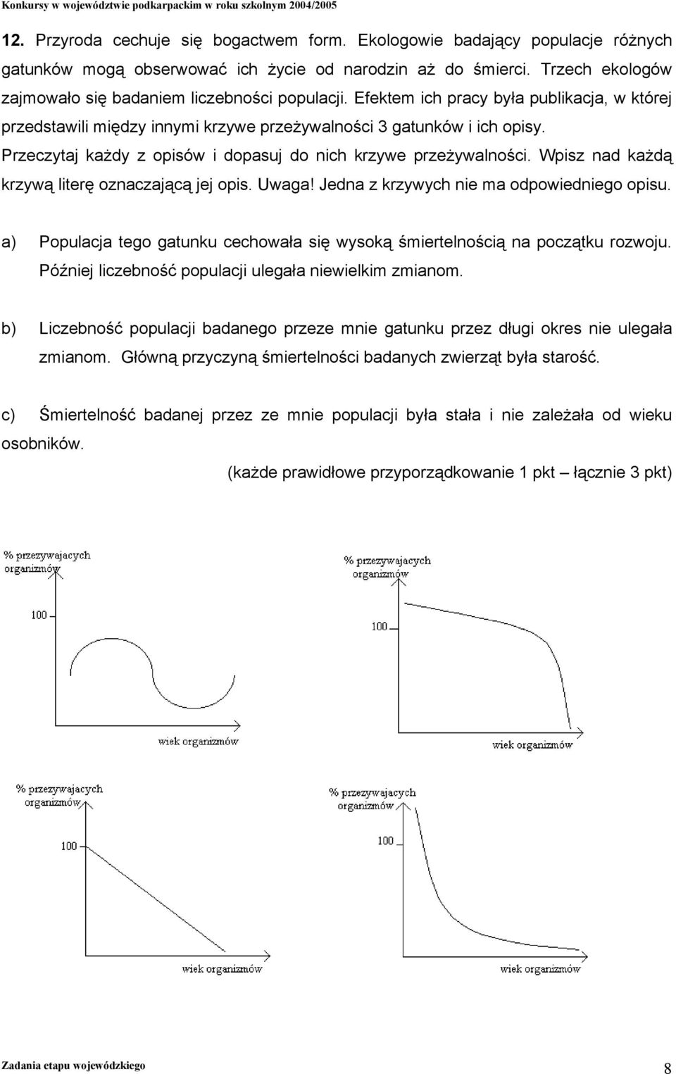 Przeczytaj każdy z opisów i dopasuj do nich krzywe przeżywalności. Wpisz nad każdą krzywą literę oznaczającą jej opis. Uwaga! Jedna z krzywych nie ma odpowiedniego opisu.