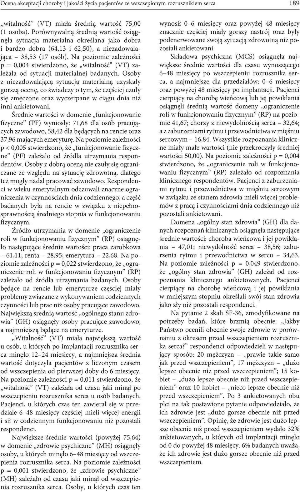 Na poziomie zależności p = 0,004 stwierdzono, że witalność (VT) zależała od sytuacji materialnej badanych.