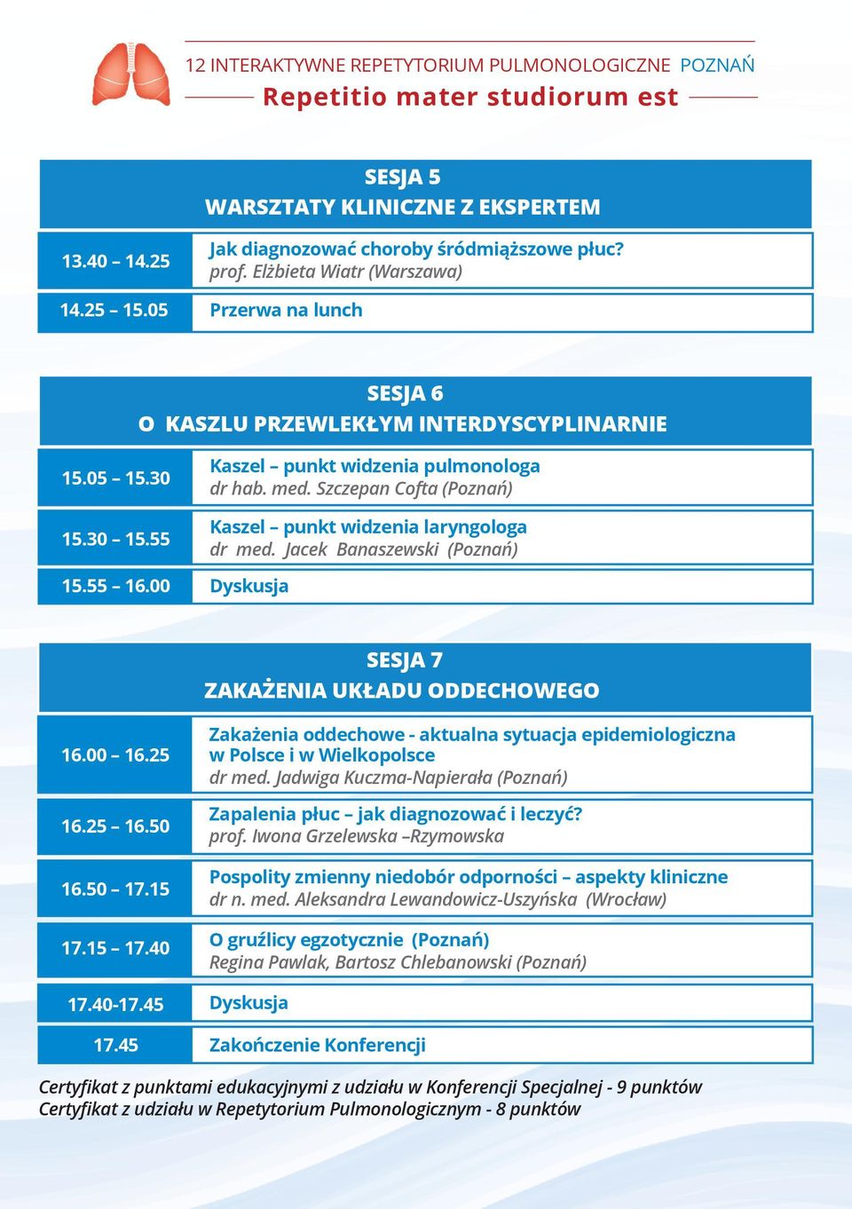 Szczepan Cofta (Poznań) Kaszel punkt widzenia laryngologa dr med. Jacek Banaszewski (Poznań) 15.55 16.00 Dyskusja SESJA 7 ZAKAŻENIA UKŁADU ODDECHOWEGO 16.00 16.25 16.25 16.50 16.50 17.15 17.