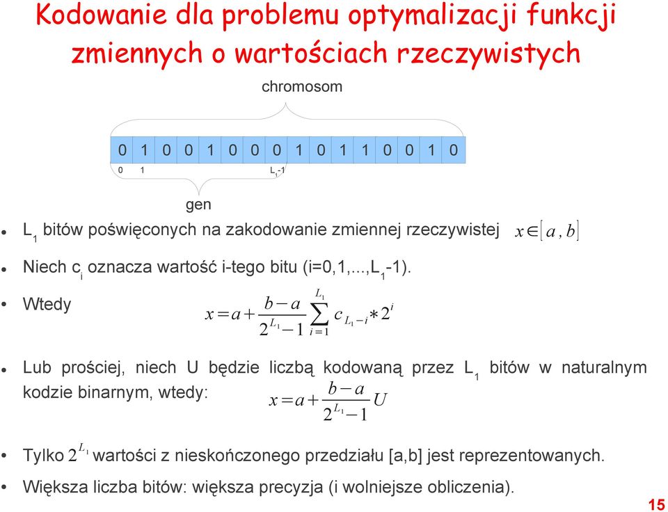 Wtedy x=a b a L 1 2 L 1 1 i =1 c L1 i 2 i Lub prościej, niech U będzie liczbą kodowaną przez L 1 bitów w naturalnym kodzie binarnym, wtedy: