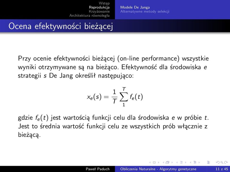 Efektywność dla środowiska e strategii s De Jang określił następująco: x e (s) = 1 T T f e (t) 1 gdzie f e (t) jest