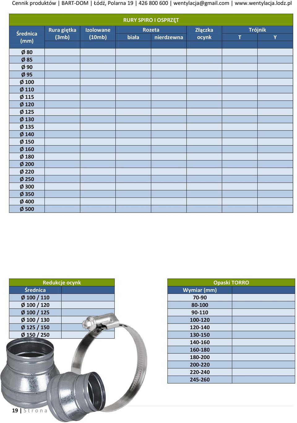 Ø 400 Ø 500 Redukcje ocynk Opaski TORRO Średnica Wymiar (mm) Ø 100 / 110 70-90 Ø 100 / 120 80-100 Ø 100 / 125 90-110 Ø