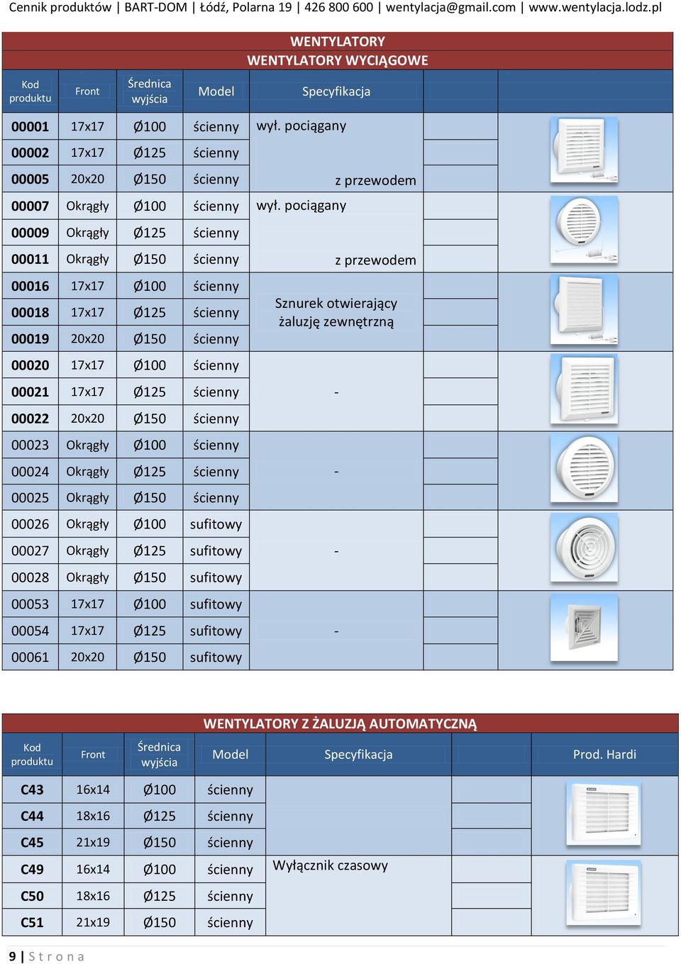 20x20 Ø150 ścienny 00023 Okrągły Ø100 ścienny 00024 Okrągły Ø125 ścienny 00025 Okrągły Ø150 ścienny 00026 Okrągły Ø100 sufitowy 00027 Okrągły Ø125 sufitowy 00028 Okrągły Ø150 sufitowy 00053 17x17