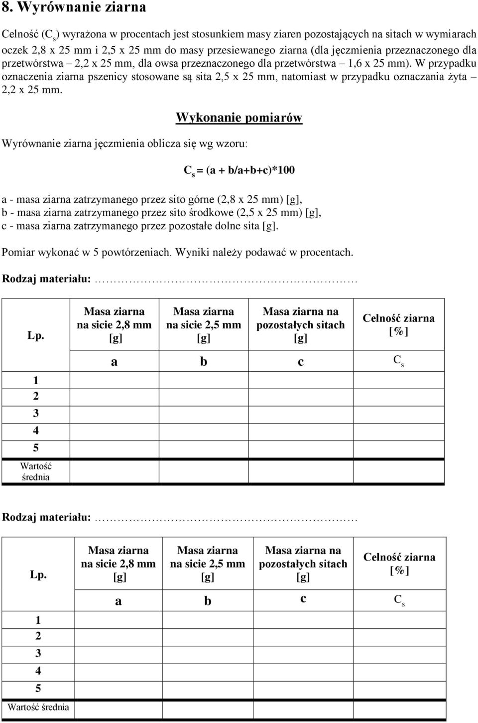 Wykonanie pomiarów Wyrównanie ziarna jęczmienia oblicza się wg wzoru: C s = (a + b/a+b+c)*00 a - masa ziarna zatrzymanego przez sito górne (,8 x mm), b - masa ziarna zatrzymanego przez sito środkowe