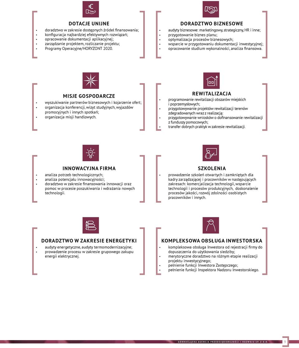 DORADZTWO BIZNESOWE audyty biznesowe: marketingowy, strategiczny, HR i inne; przygotowanie biznes planu; optymalizacja procesów biznesowych; wsparcie w przygotowaniu dokumentacji inwestycyjnej;