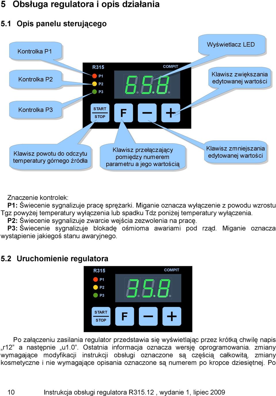 górnego źródła Klawisz przełączający pomiędzy numerem parametru a jego wartością Klawisz zmniejszania edytowanej wartości Znaczenie kontrolek: P1: Świecenie sygnalizuje pracę sprężarki.