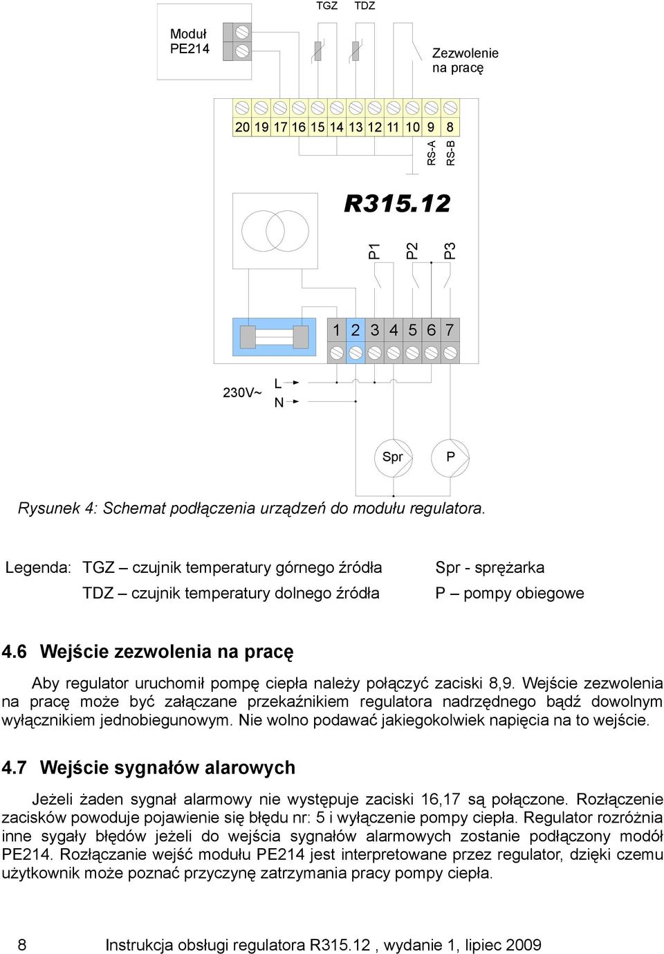 6 Wejście zezwolenia na pracę Aby regulator uruchomił pompę ciepła należy połączyć zaciski 8,9.