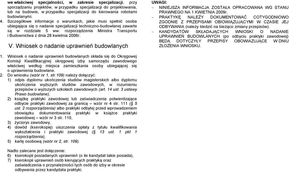 rozporządzenia Ministra Transportu i Budownictwa z dnia 28 kwietnia 2006r. V.
