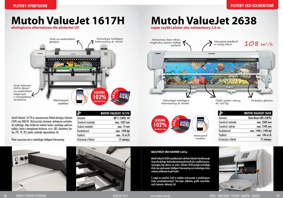 na materiałach sztywnych o nieregularnej strukturze Sterowanie mobilne GRATIS Technologia Intelligent Interweaving & Vardot Ciężki system rolowy do 100 kg Podwójna głowica MUTOH VALUEJET 1617H MUTOH