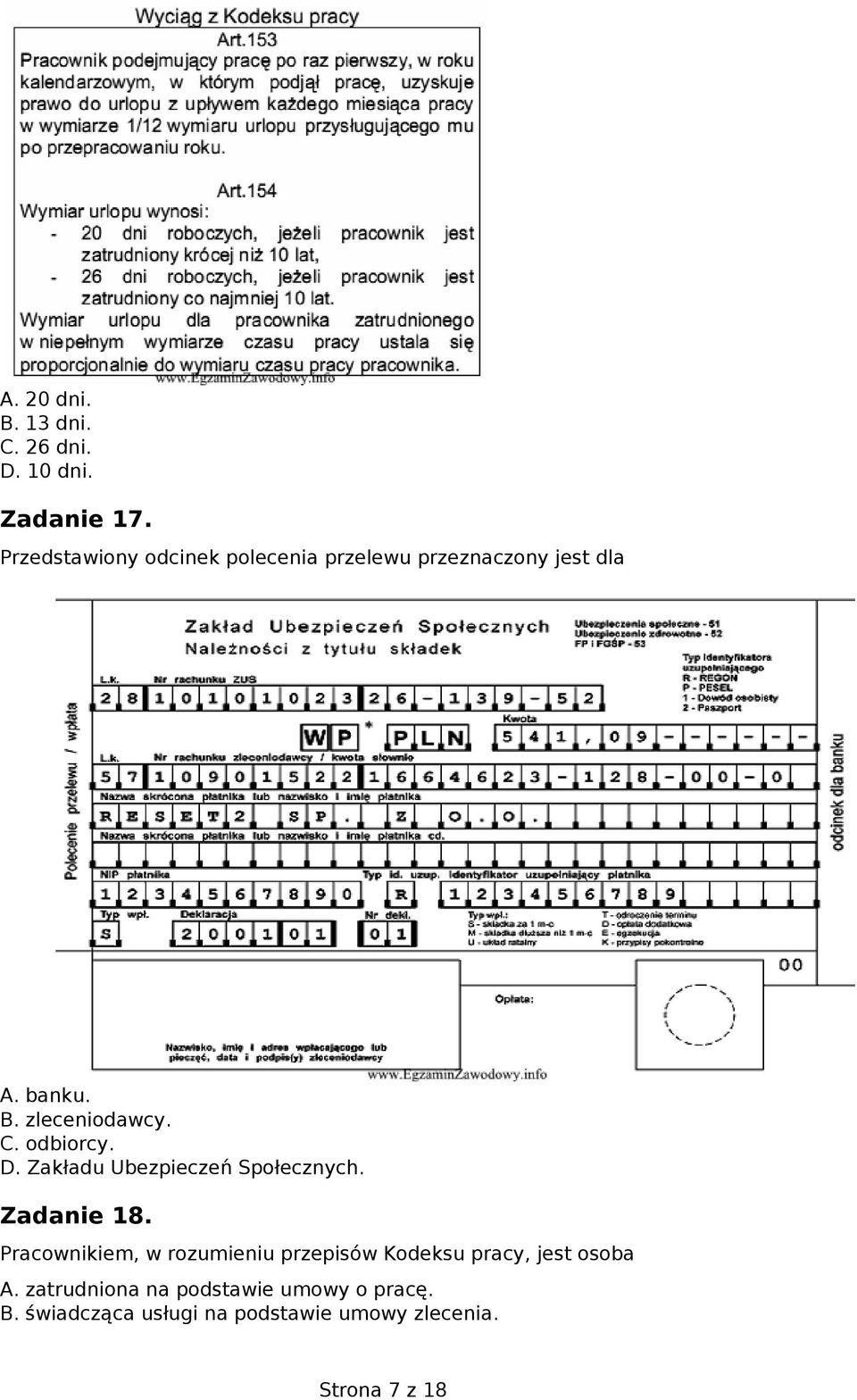 odbiorcy. D. Zakładu Ubezpieczeń Społecznych. Zadanie 18.