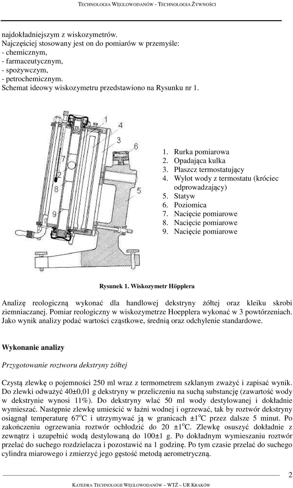 Nacięcie pomiarowe 8. Nacięcie pomiarowe 9. Nacięcie pomiarowe Rysunek 1. Wiskozymetr Höpplera Analizę reologiczną wykonać dla handlowej dekstryny żółtej oraz kleiku skrobi ziemniaczanej.