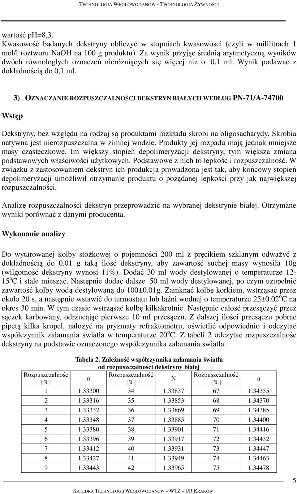 Wstęp 3) OZNACZANIE ROZPUSZCZALNOŚCI DEKSTRYN BIAŁYCH WEDŁUG PN-71/A-74700 Dekstryny, bez względu na rodzaj są produktami rozkładu skrobi na oligosacharydy.