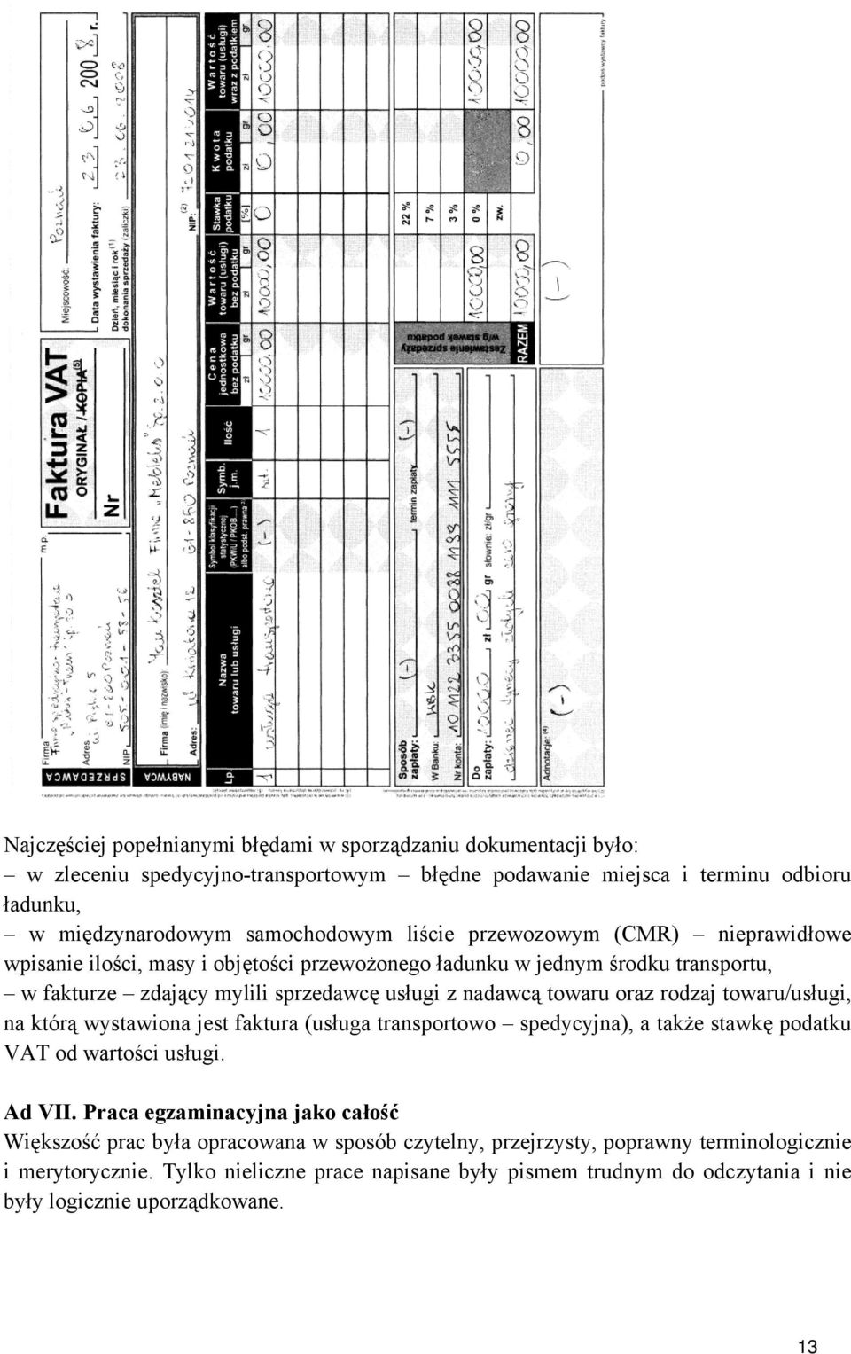 rodzaj towaru/usługi, na którą wystawiona jest faktura (usługa transportowo spedycyjna), a także stawkę podatku VAT od wartości usługi. Ad VII.