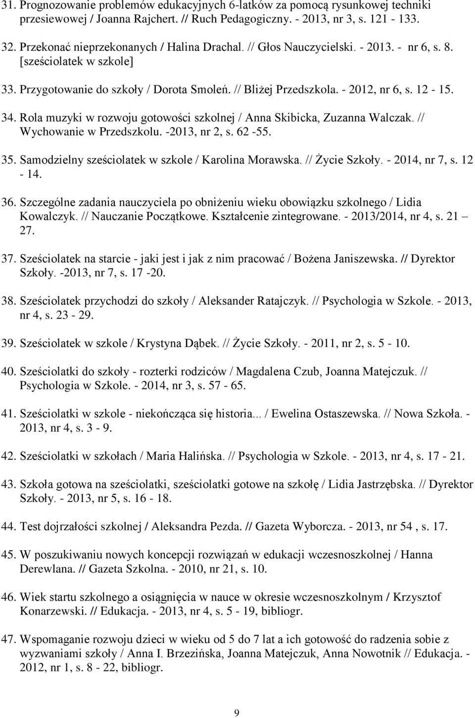 12-15. 34. Rola muzyki w rozwoju gotowości szkolnej / Anna Skibicka, Zuzanna Walczak. // Wychowanie w Przedszkolu. -2013, nr 2, s. 62-55. 35. Samodzielny sześciolatek w szkole / Karolina Morawska.