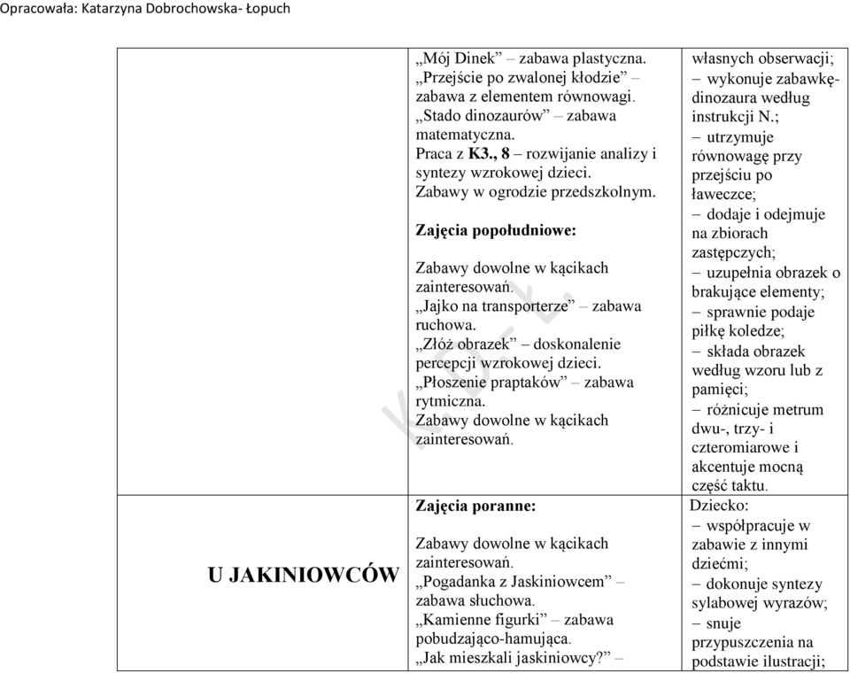 Płoszenie praptaków zabawa rytmiczna. Pogadanka z Jaskiniowcem zabawa słuchowa. Kamienne figurki zabawa pobudzająco-hamująca. Jak mieszkali jaskiniowcy?