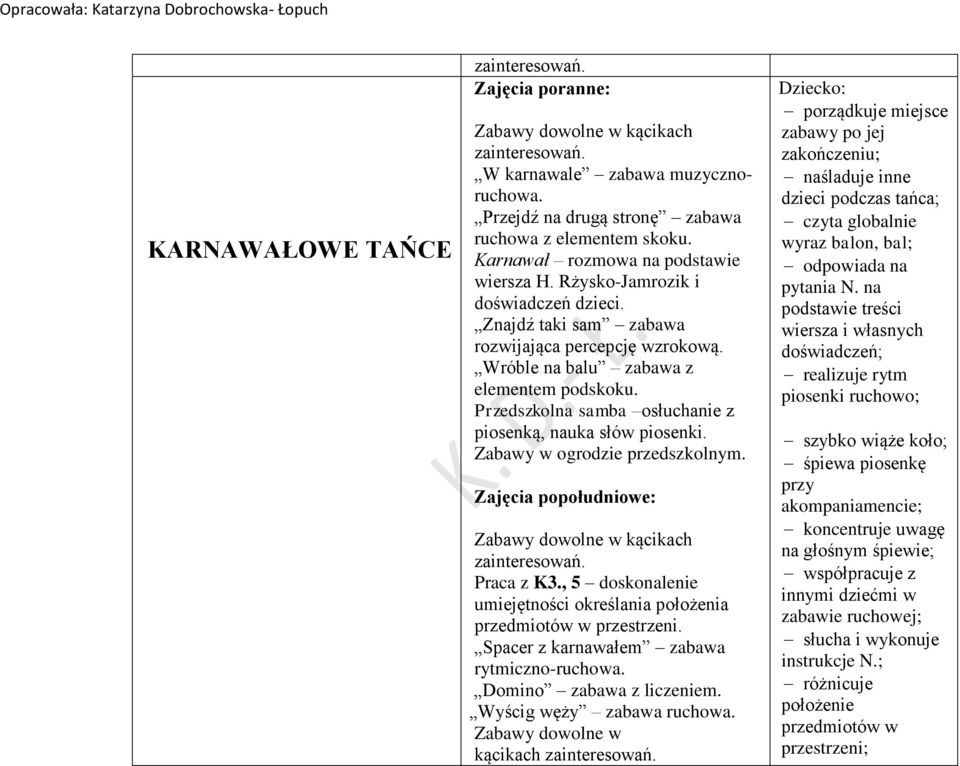 Praca z K3., 5 doskonalenie umiejętności określania położenia przedmiotów w przestrzeni. Spacer z karnawałem zabawa rytmiczno-ruchowa. Domino zabawa z liczeniem. Wyścig węży zabawa ruchowa.