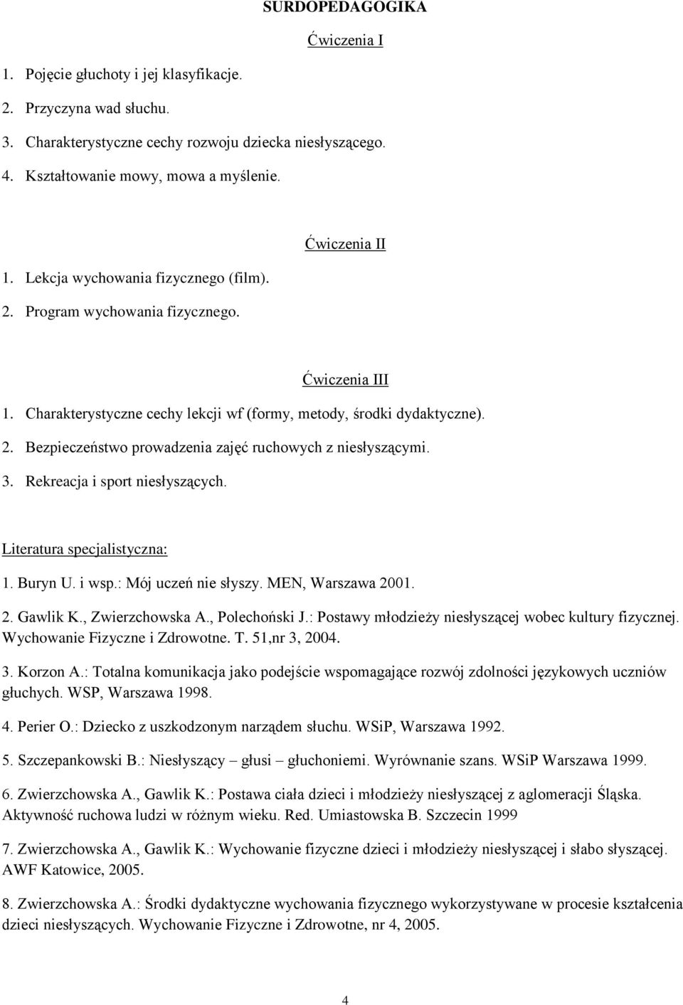 Literatura specjalistyczna: 1. Buryn U. i wsp.: Mój uczeń nie słyszy. MEN, Warszawa 2001. 2. Gawlik K., Zwierzchowska A., Polechoński J.: Postawy młodzieży niesłyszącej wobec kultury fizycznej.