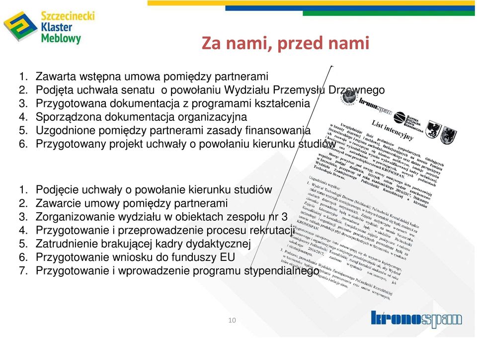 Przygotowany projekt uchwały o powołaniu kierunku studiów 1. Podjęcie uchwały o powołanie kierunku studiów 2. Zawarcie umowy pomiędzy partnerami 3.