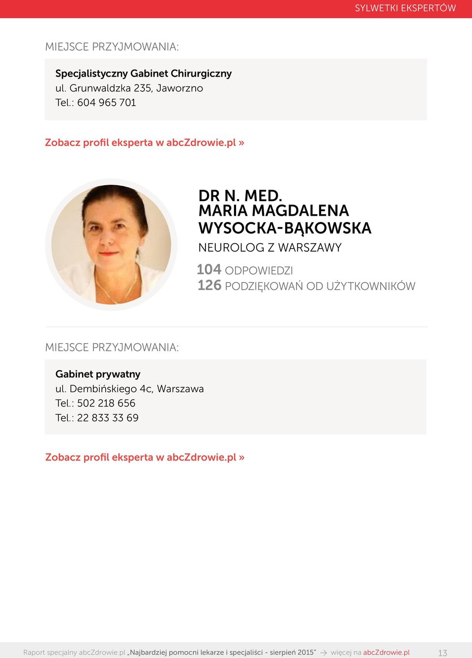 MARIA MAGDALENA WYSOCKA-BĄKOWSKA NEUROLOG Z WARSZAWY 104 ODPOWIEDZI