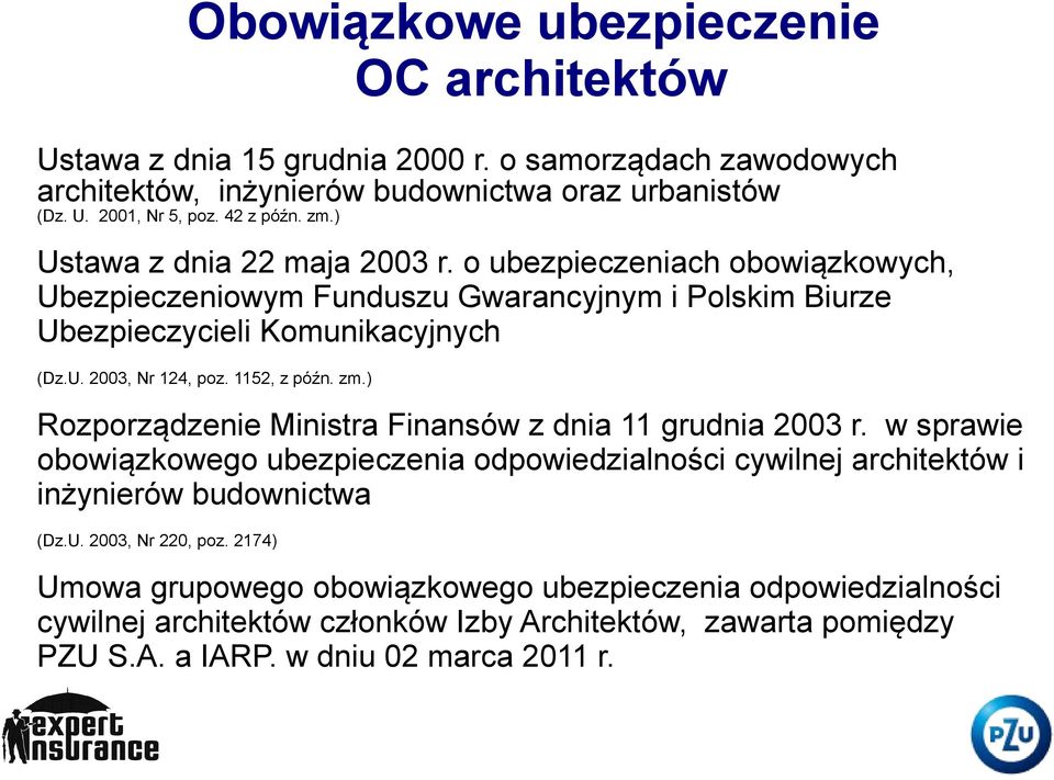 1152, z późn. zm.) Rozporządzenie Ministra Finansów z dnia 11 grudnia 2003 r. w sprawie obowiązkowego ubezpieczenia odpowiedzialności cywilnej architektów i inżynierów budownictwa (Dz.U.