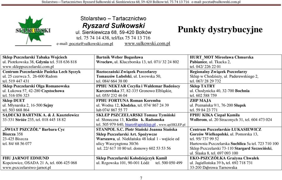 25 czerwca 5, 26-600 Radom tel. 519 447 431 Sklep Pszczelarski Olga Romanowska ul. Łukowa 57, 42-280 Częstochowa tel. 516 056 323 Sklep DUET ul. Młynarska 2, 16-500 Sejny tel.