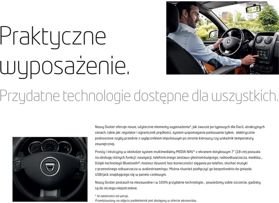 elektrycznie podnoszone szyby przednie z wyłącznikiem impulsowym po stronie kierowcy czy wskaźnik temperatury zewnętrznej.