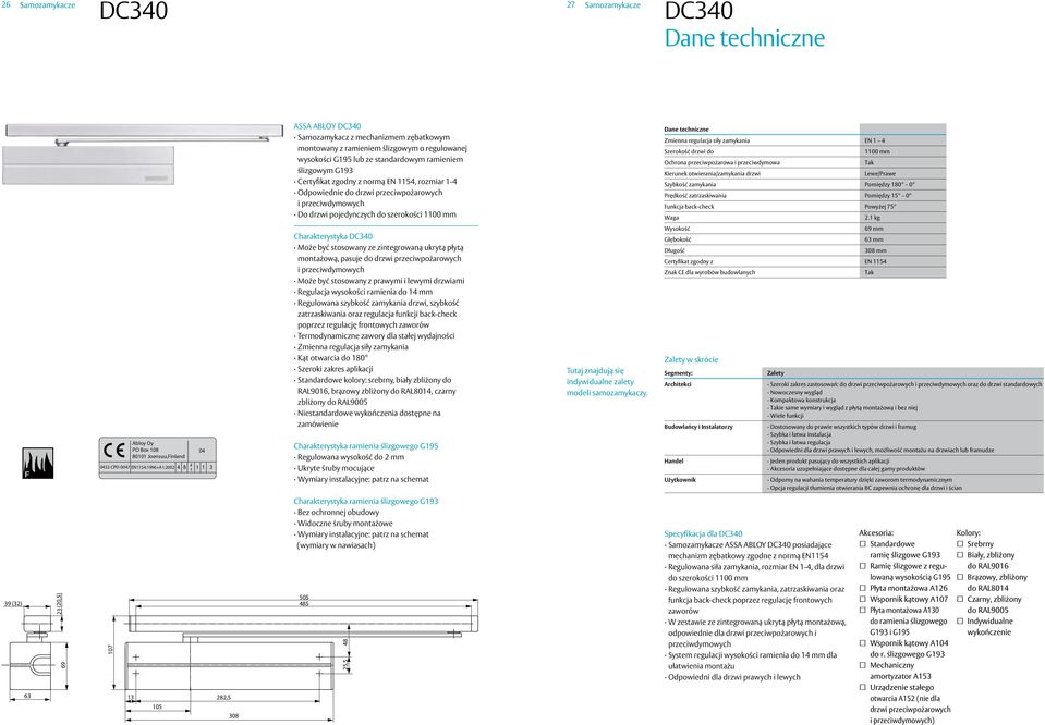 przeciwpożarowa i przeciwdymowa Kierunek otwierania/zamykania drzwi Lewe/Prawe Szybkość zamykania Pomiędzy 180 0 Prędkość zatrzaskiwania Pomiędzy 0 Funkcja back-check Powyżej 75 Waga 2.
