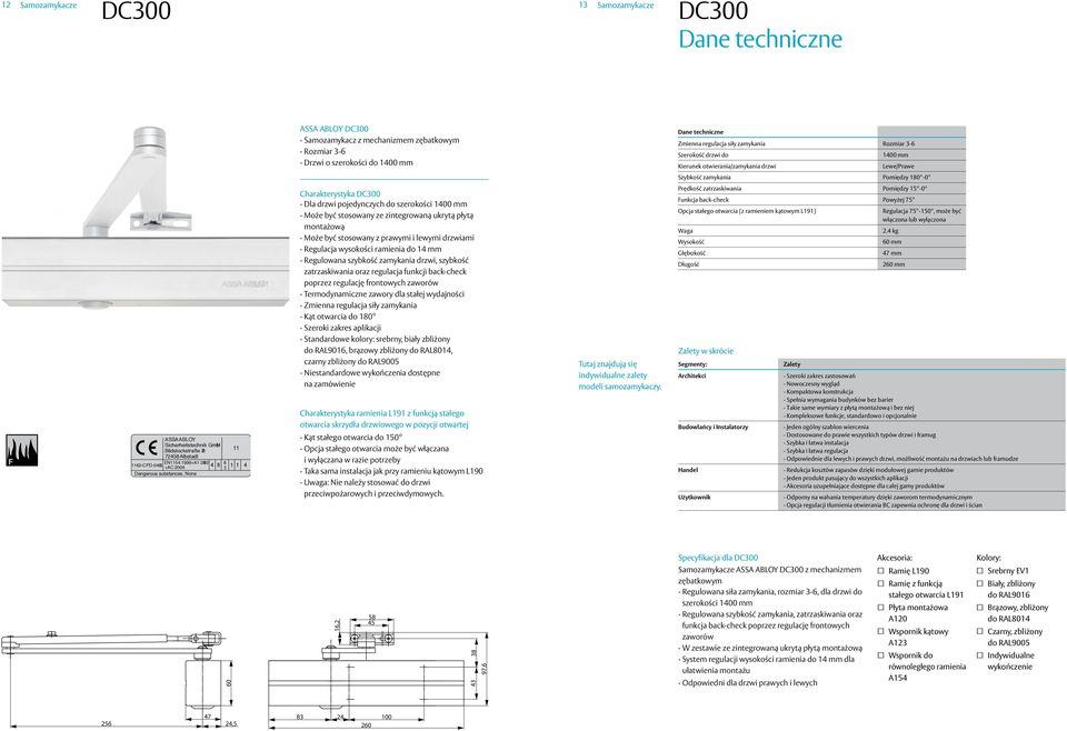 Dangerous substances: None Charakterystyka DC00 Dla drzwi pojedynczych do szerokości 1400 mm Może być stosowany ze zintegrowaną ukrytą płytą montażową Może być stosowany z prawymi i lewymi drzwiami