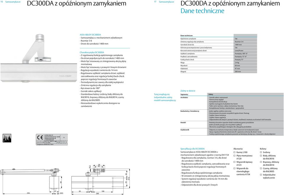 mm Może być stosowany ze zintegrowaną ukrytą płytą montażową Może być stosowany z prawymi i lewymi drzwiami Regulacja wysokości ramienia do 14 mm Regulowana szybkość zamykania drzwi, szybkość