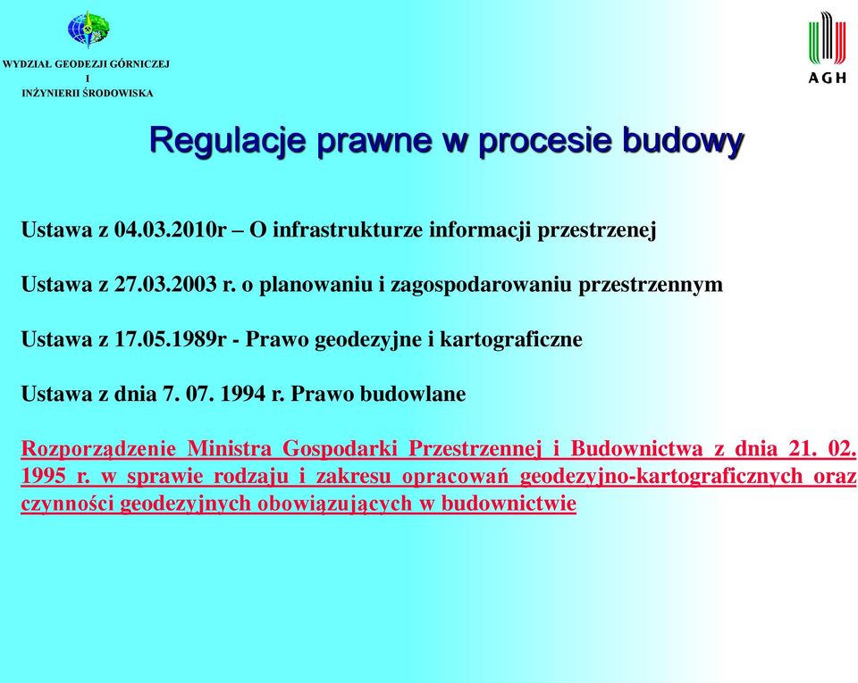 07. 1994 r. Prawo budowlane Rozporządzenie Ministra Gospodarki Przestrzennej i Budownictwa z dnia 21. 02. 1995 r.