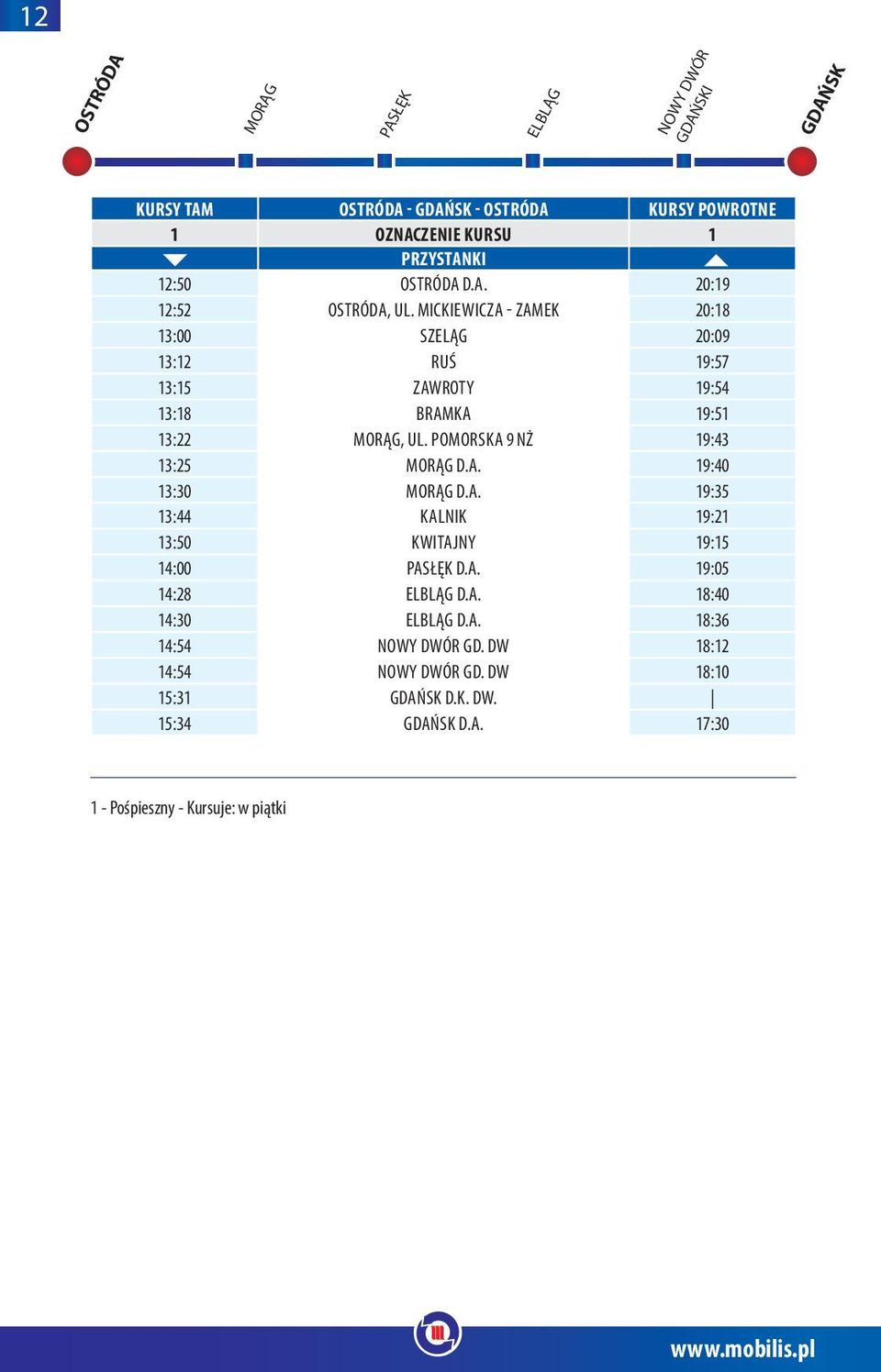POMORSKA 9 NŻ 19:43 13:25 MORĄG D.A. 19:40 13:30 MORĄG D.A. 19:35 13:44 KALNIK 19:21 13:50 KWITAJNY 19:15 14:00 PASŁĘK D.A. 19:05 14:28 ELBLĄG D.A. 18:40 14:30 ELBLĄG D.