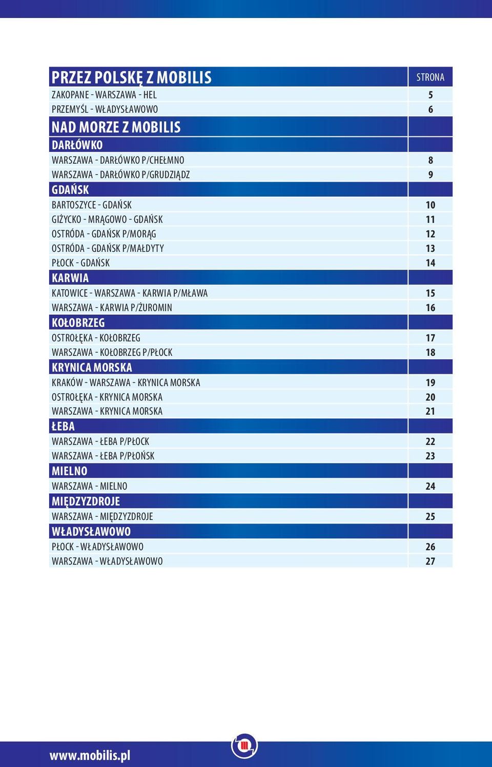 P/ŻUROMIN 16 KOŁOBRZEG OSTROŁĘKA - KOŁOBRZEG 17 WARSZAWA - KOŁOBRZEG P/PŁOCK 18 KRYNICA MORSKA KRAKÓW - WARSZAWA - KRYNICA MORSKA 19 OSTROŁĘKA - KRYNICA MORSKA 20 WARSZAWA - KRYNICA MORSKA