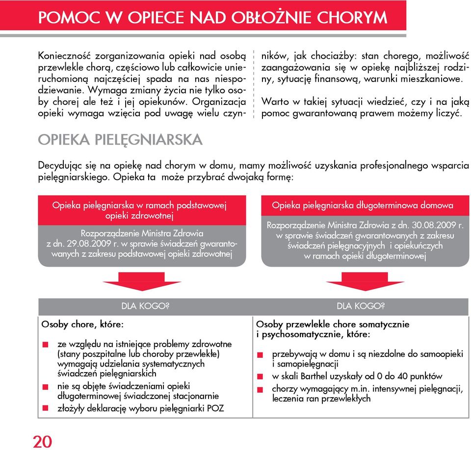 Organizacja opieki wymaga wzięcia pod uwagę wielu czyn- ników, jak chociażby: stan chorego, możliwość zaangażowania się w opiekę najbliższej rodziny, sytuację finansową, warunki mieszkaniowe.