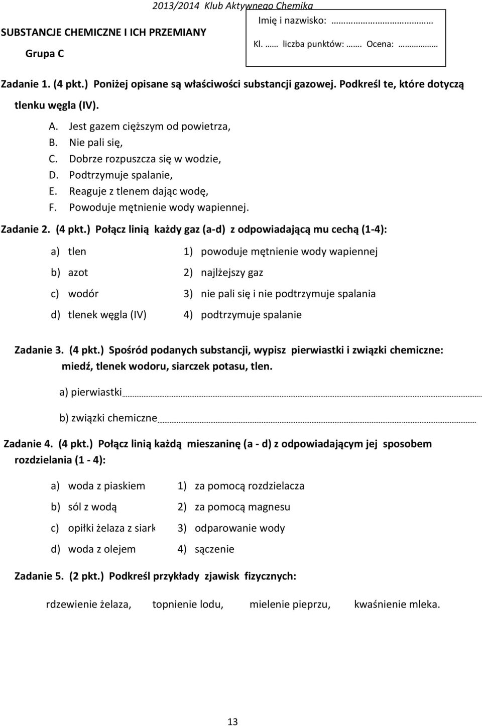 Zbiór prac kontrolnych z chemii GIMNAZJUM Klub Aktywnego Chemika 2014 ODN w  Łomży - PDF Darmowe pobieranie