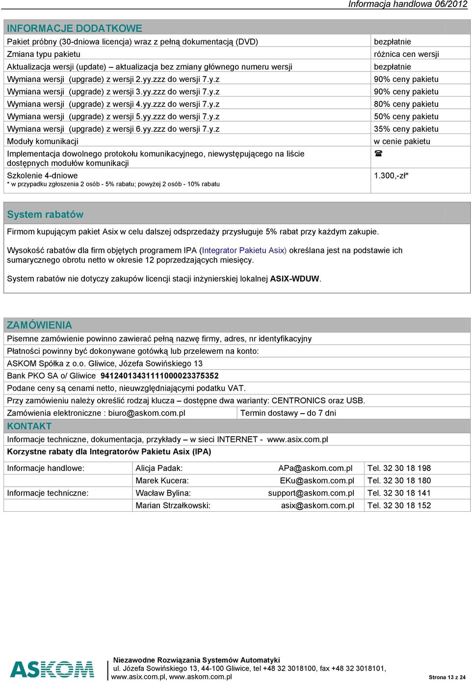 yy.zzz do wersji 7.y.z Wymiana wersji (upgrade) z wersji 6.yy.zzz do wersji 7.y.z Moduły komunikacji Implementacja dowolnego protokołu komunikacyjnego, niewystępującego na liście dostępnych modułów