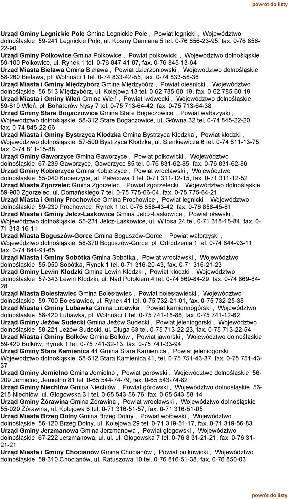 0-76 845-13-64 Urząd Miasta Bielawa Gmina Bielawa, Powiat dzierżoniowski, Województwo dolnośląskie 58-260 Bielawa, pl. Wolności 1 tel. 0-74 833-42-55, fax.