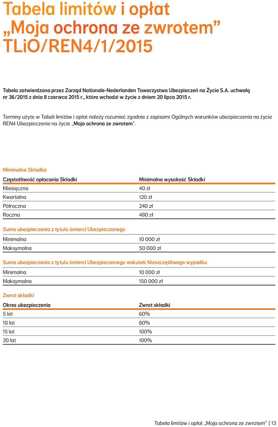 Terminy użyte w Tabeli limitów i opłat należy rozumieć zgodnie z zapisami Ogólnych warunków ubezpieczenia na życie REN4 Ubezpieczenie na życie Moja ochrona ze zwrotem.