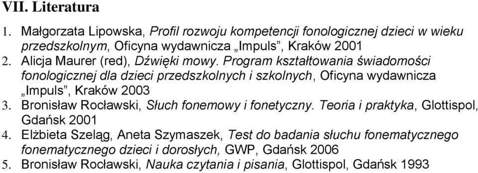 Program kształtowania świadomości fonologicznej dla dzieci przedszkolnych i szkolnych, Oficyna wydawnicza Impuls, Kraków 2003 3.