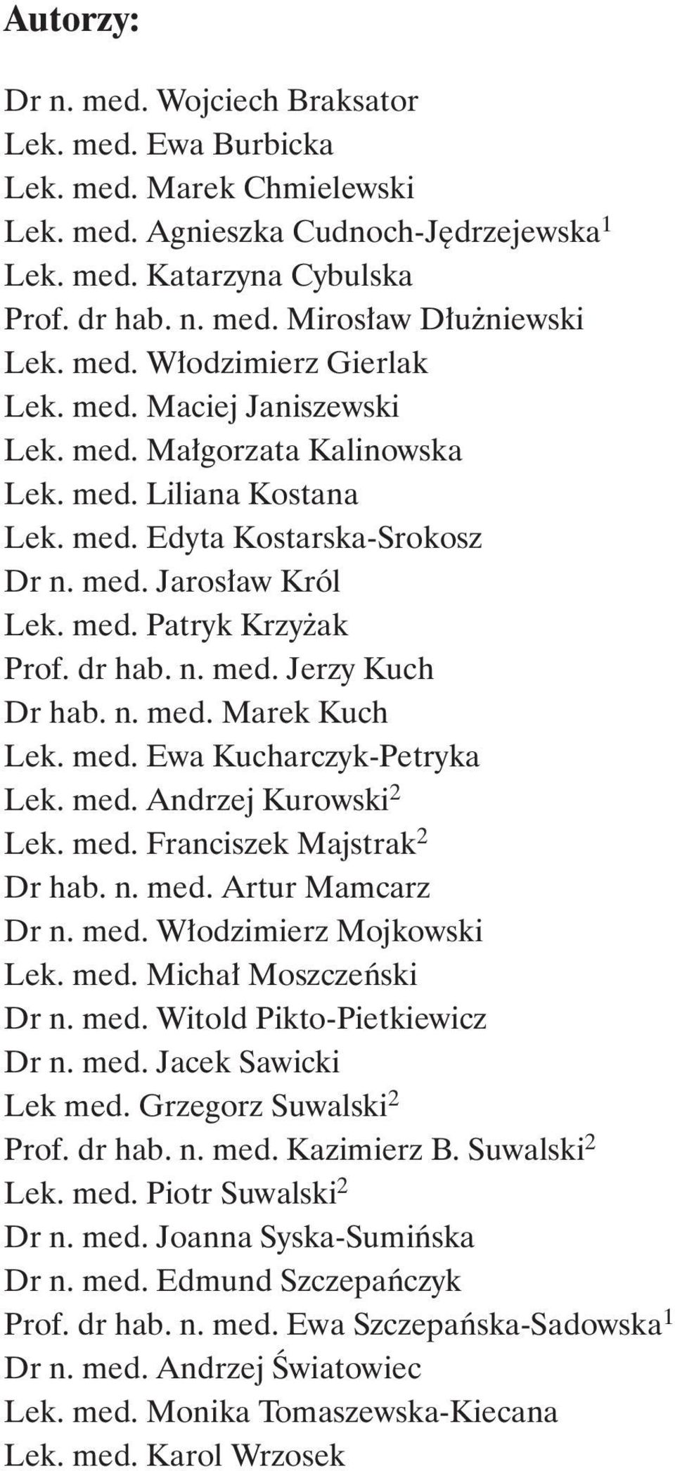 dr hab. n. med. Jerzy Kuch Dr hab. n. med. Marek Kuch Lek. med. Ewa Kucharczyk-Petryka Lek. med. Andrzej Kurowski 2 Lek. med. Franciszek Majstrak 2 Dr hab. n. med. Artur Mamcarz Dr n. med. Włodzimierz Mojkowski Lek.