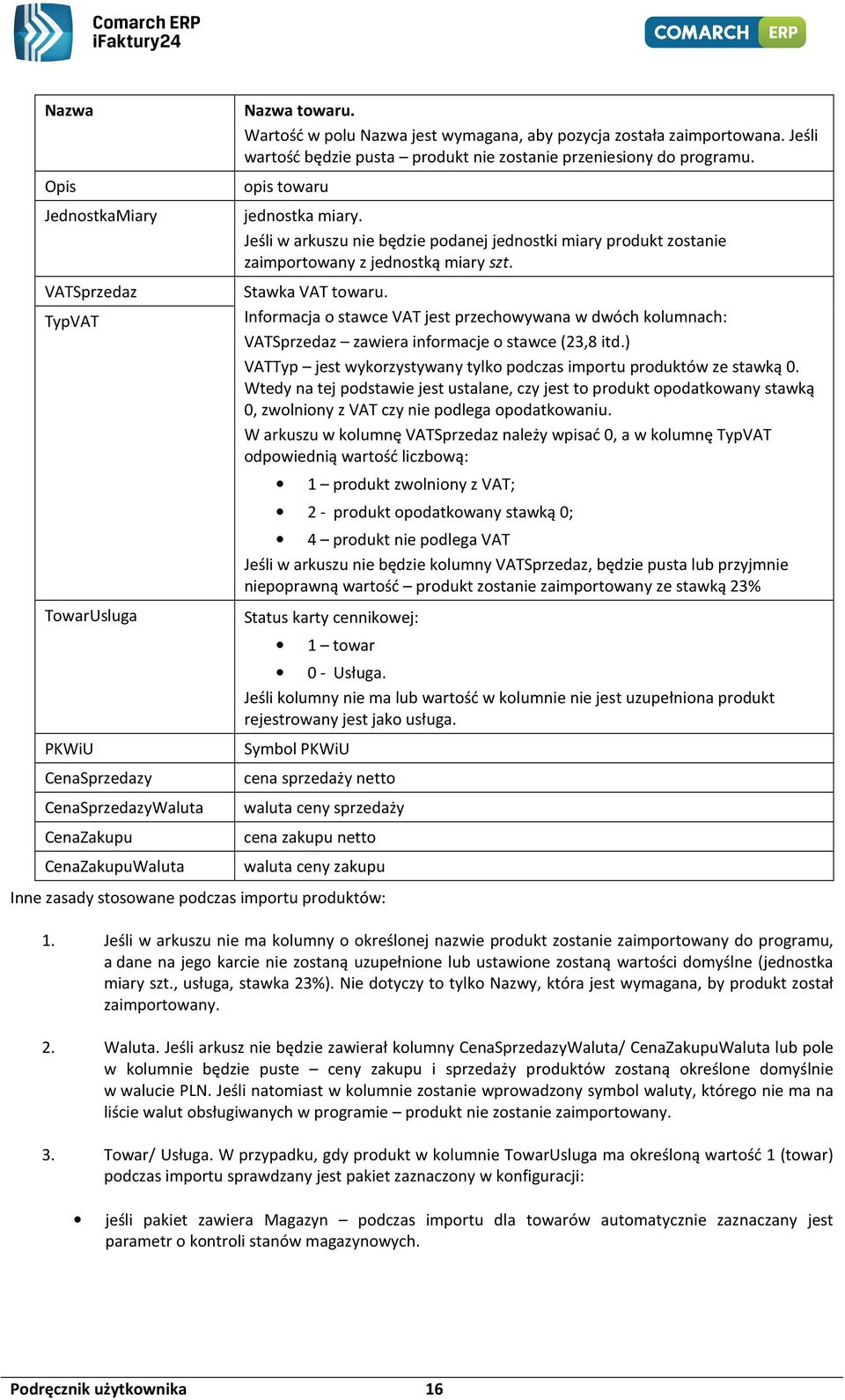 Jeśli w arkuszu nie będzie podanej jednostki miary produkt zostanie zaimportowany z jednostką miary szt. Stawka VAT towaru.