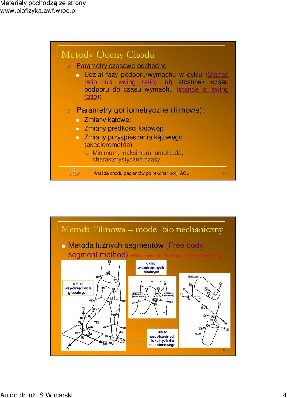 maksimum, amplituda, charakterystyczne czasy 7 Metoda Filmowa model biomechaniczny Metoda luźnych segmentów (Free body segment method) ISB Commitee for