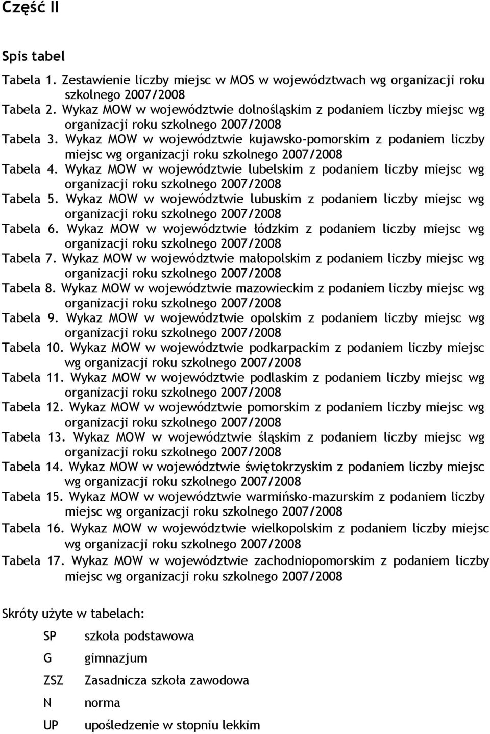 Wykaz MOW w województwie kujawsko-pomorskim z podaniem liczby miejsc wg organizacji roku szkolnego 2007/2008 Tabela 4.