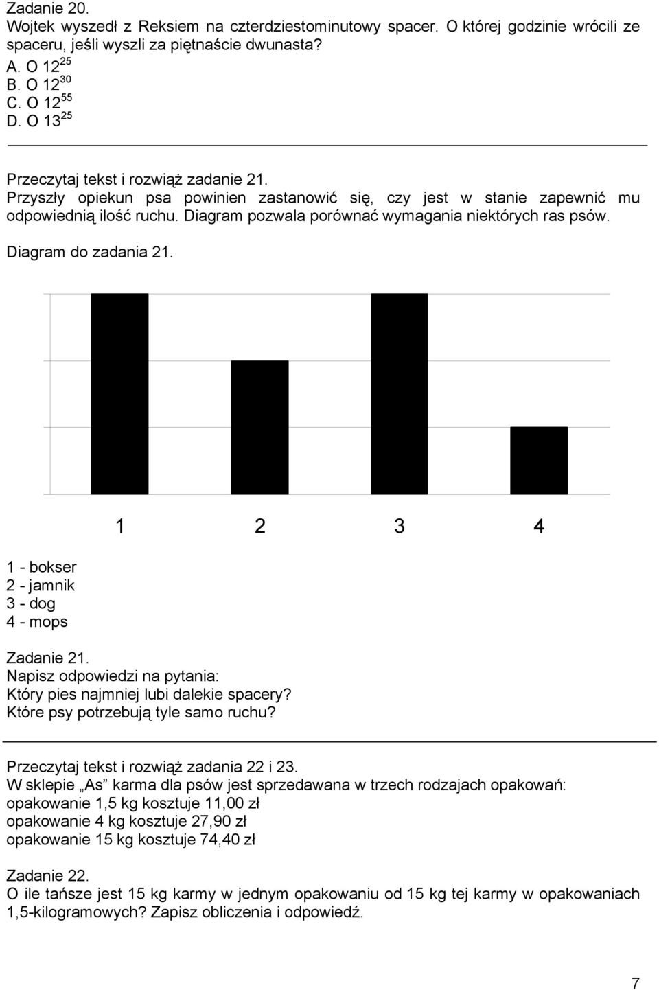 Diagram pozwala porównać wymagania niektórych ras psów. Diagram do zadania 21. 3 2 1 0 1 2 3 4 1 - bokser 2 - jamnik 3 - dog 4 - mops Zadanie 21.